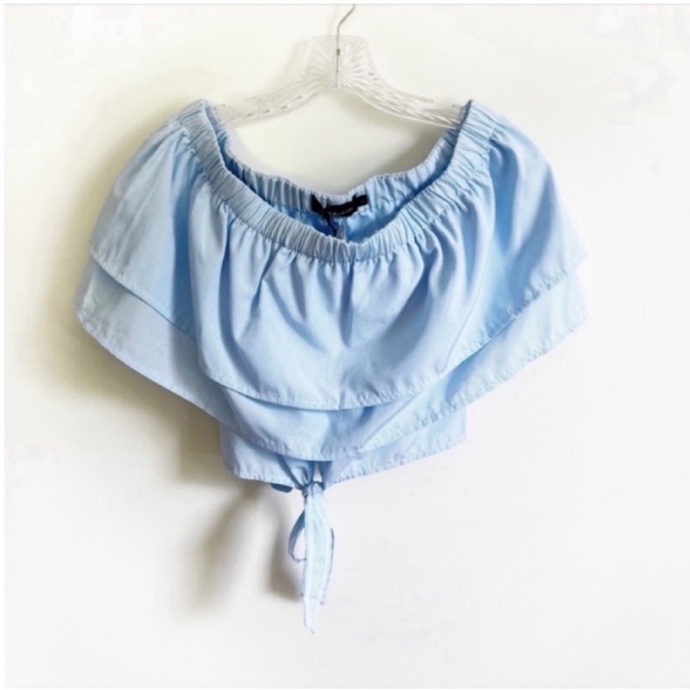 LF Charms Fashion crop top blue striped ruffle off the shoulder tie